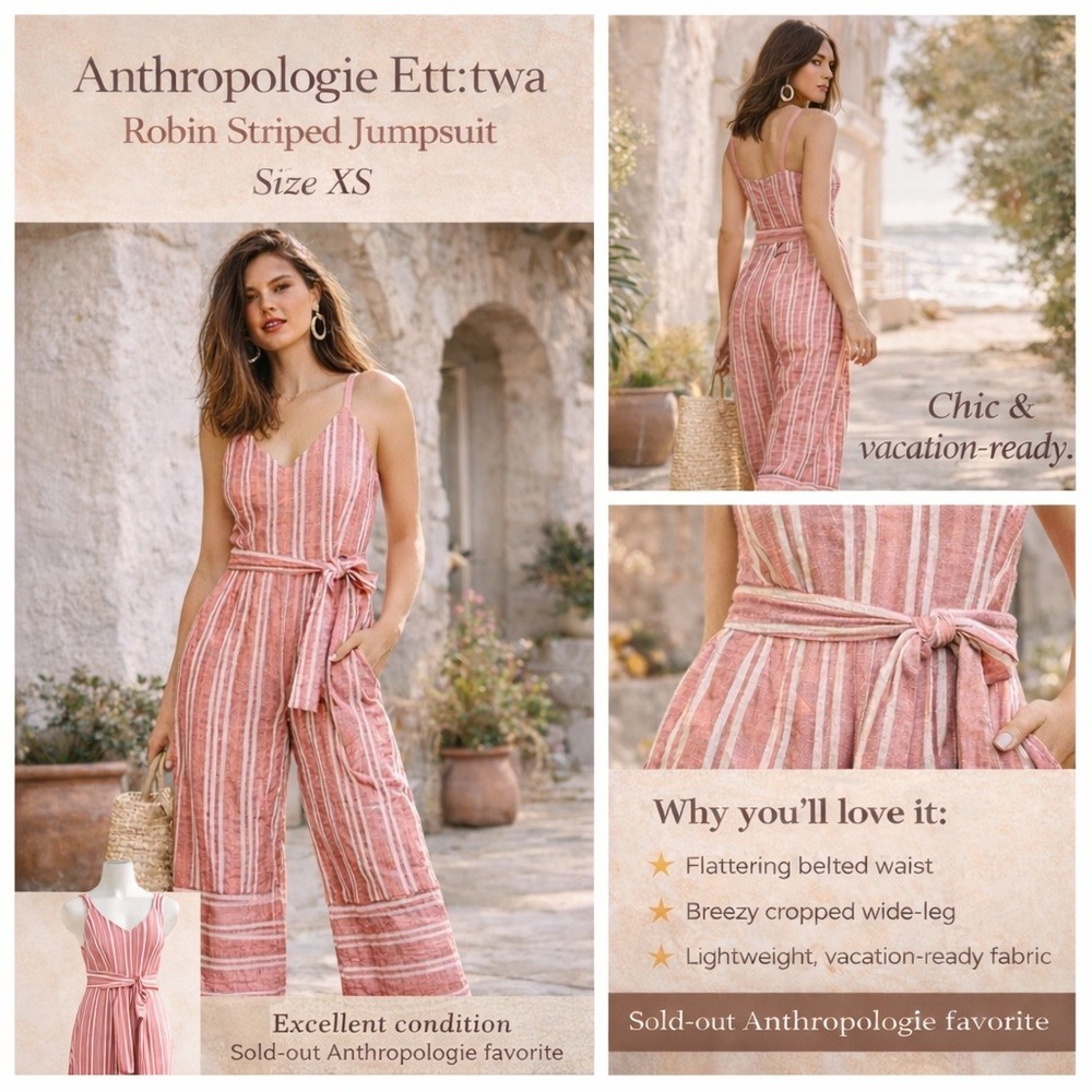 Anthropologie Ett:twa Robin Striped Jumpsuit Cropped Wide Leg Belted Boho Resort
